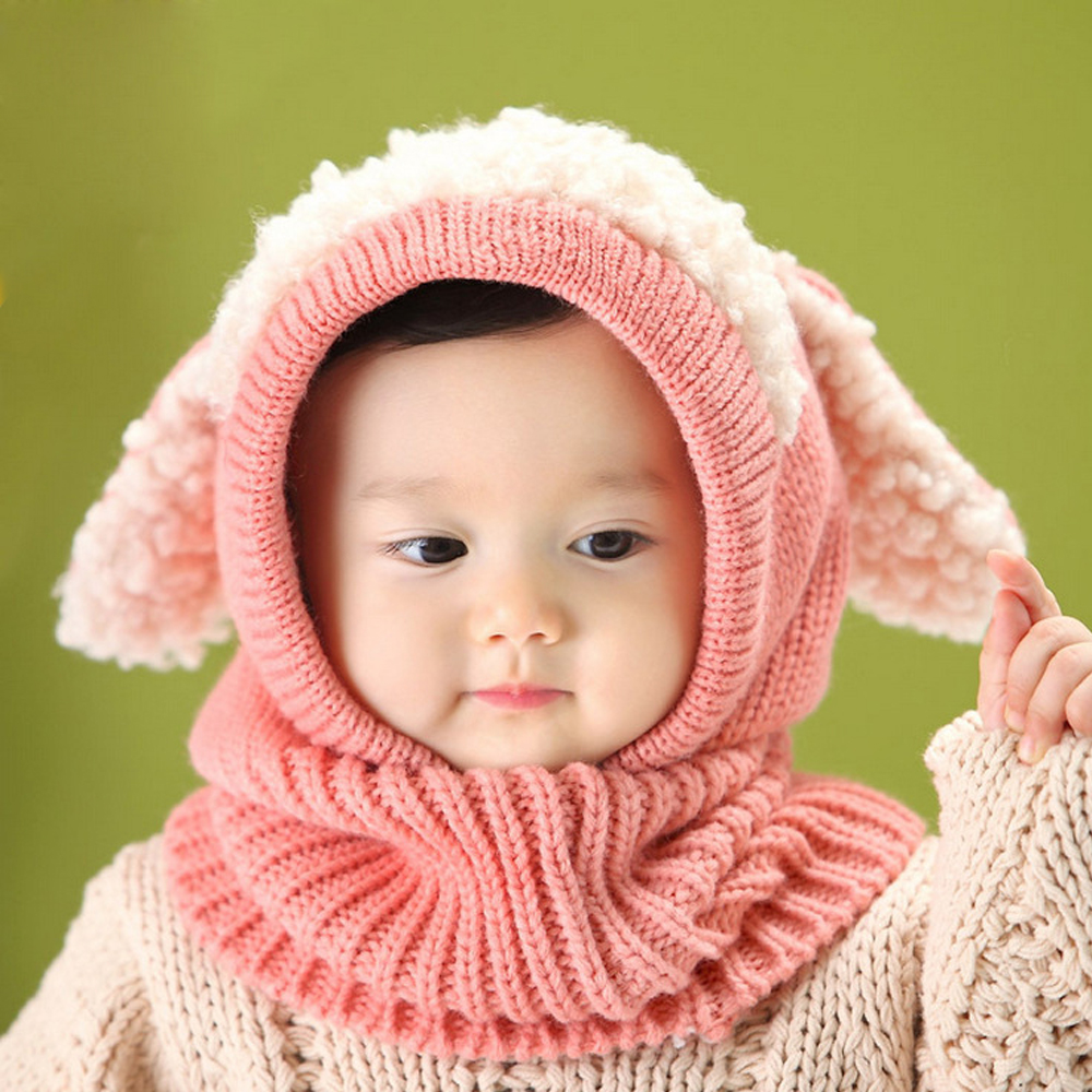 Children Baby Dog Ear Style Wool Cap Hooded Scarf Earflap Hat