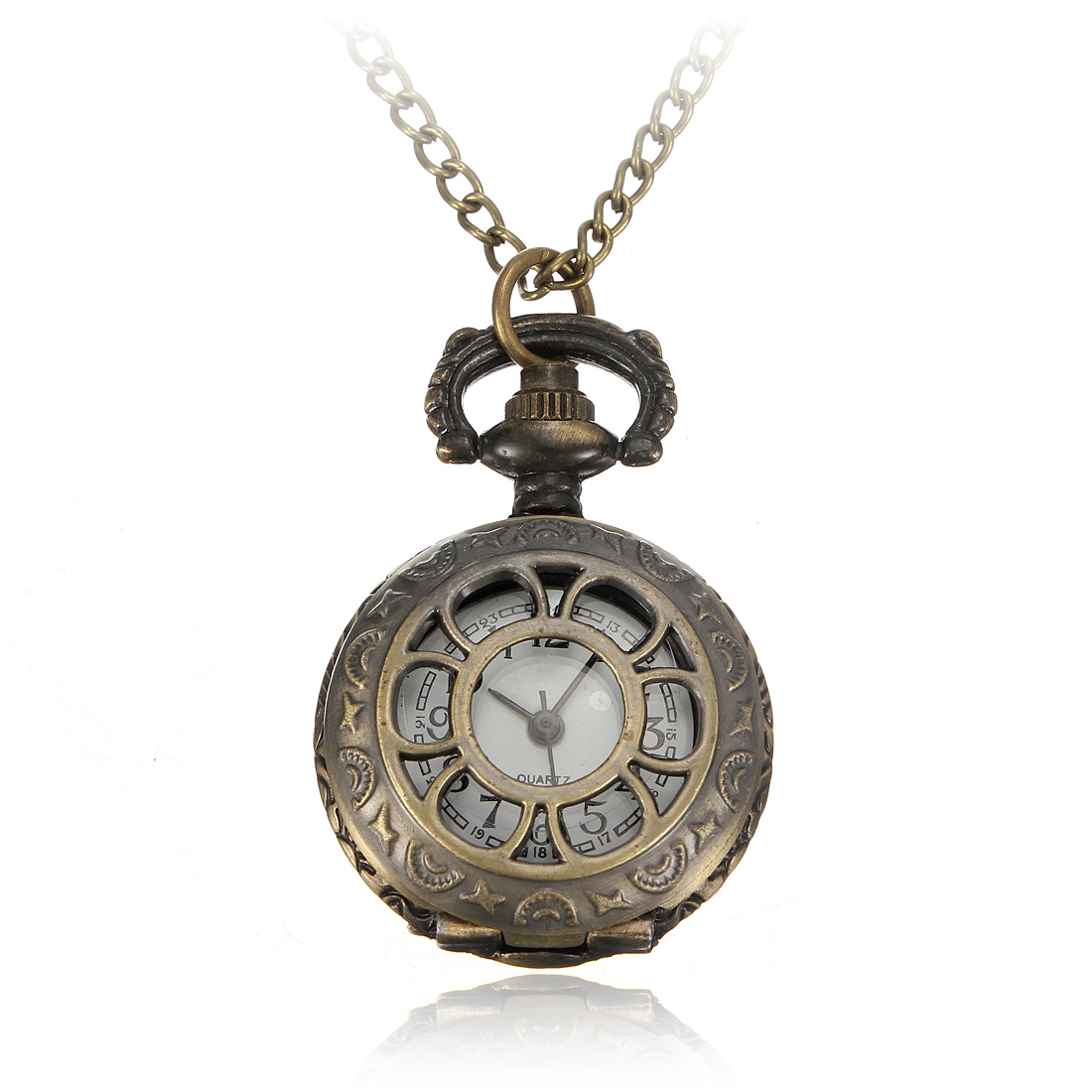 Antique Bronze Hollow Round Quartz Pocket Watch Pendant Necklace Chain