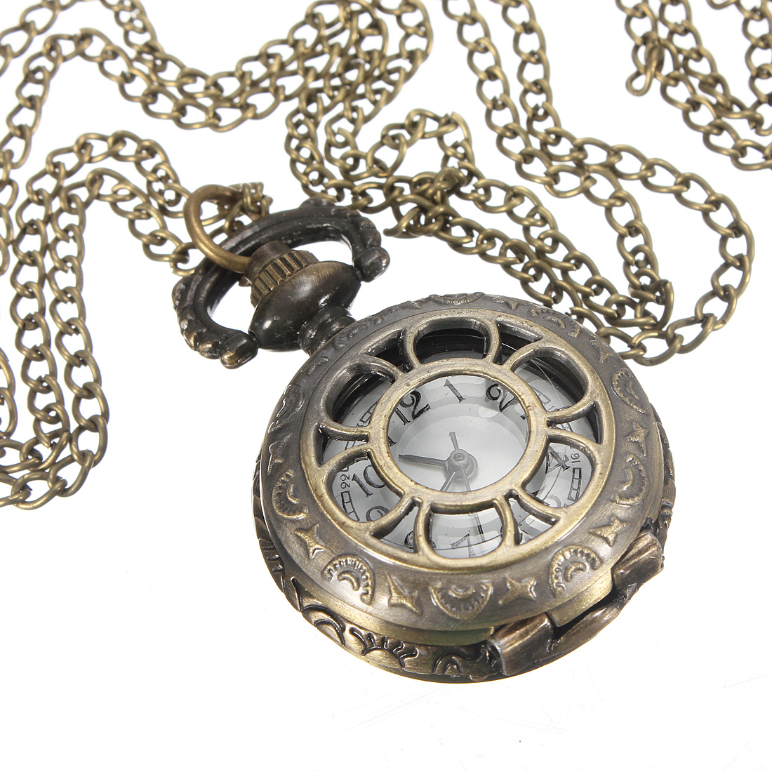 Antique Bronze Hollow Round Quartz Pocket Watch Pendant Necklace Chain Vintage Ebay