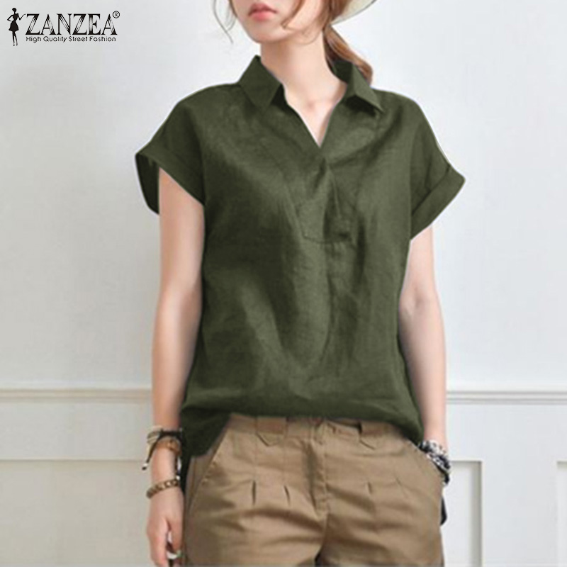 ZANZEA Women Short Sleeve V Neck Shirts Summer Cotton Linen