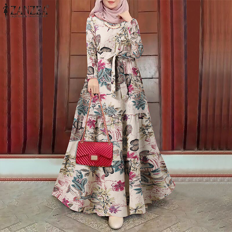 ZANZEA Muslimah Womens Floral Bohemian Long Sleeve Evening Elegant Maxi Muslim Dress With Belt Lazada Singapore