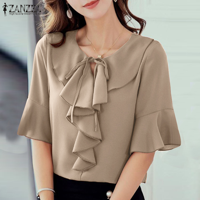 ZANZEA Korean Style Women Flare Short Sleeve Ruffles Shirt Plain