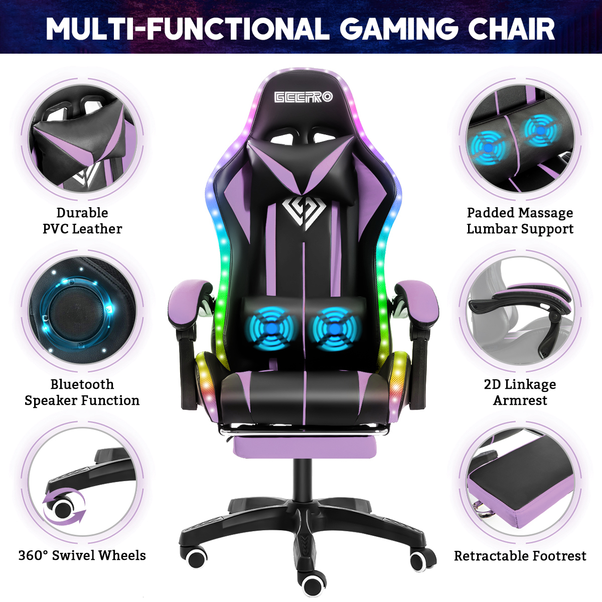 Gaming Chair LED Lights Racing Computer Chair Ergonomic Office Massage  Chair with Massager Lumbar Support and Retractible Footrest Adjustment of  Backrest, Full Massage, Bluetooth Speaker,White