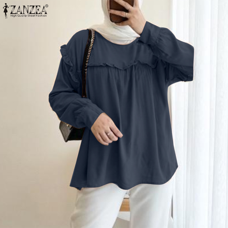 Clearance Sale) Fancystyle ZANZEA Muslimah Women Muslim Ruffle Sleeve  Blouse Holiday Tops Solid Casual Holiday Shirt