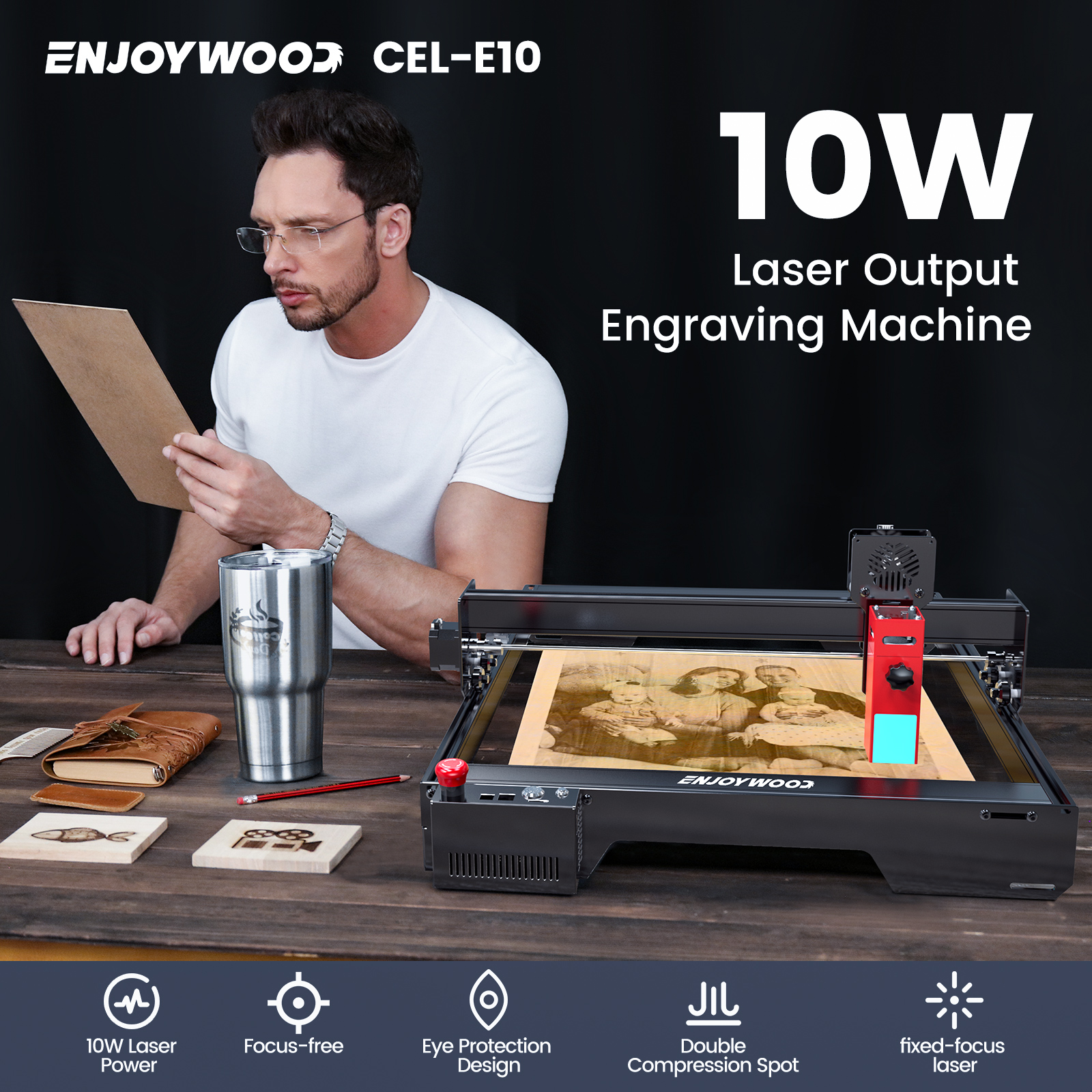 ENJOYWOOD CEL-E10 + 10W 60W 410*400mm Grabador láser Kit de herramientas de  grabado Cortador láser de madera y metal