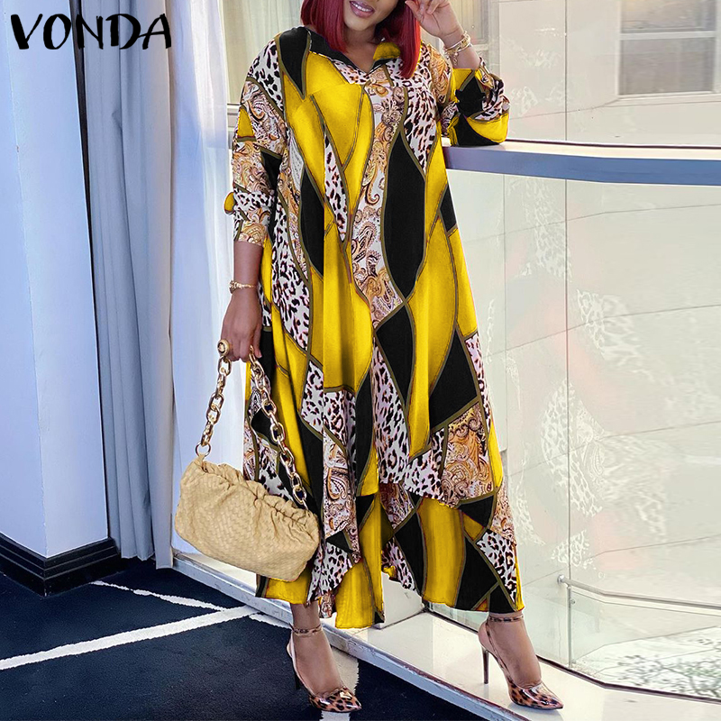 VONDA Womens Formal Elegant Shirt Dress Retro Printed Pullover Dress Maxi  Long Dresses (Plus Size)