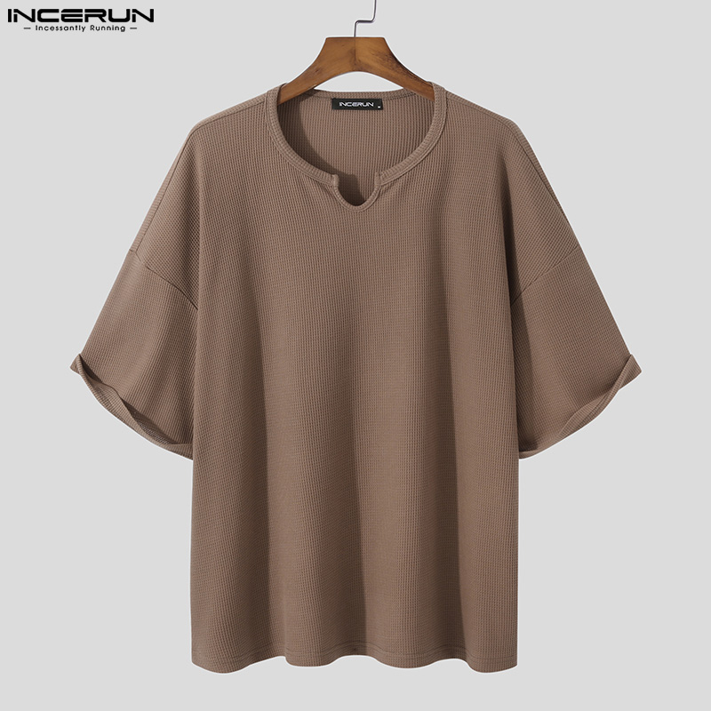 INCERUN Mens Short Sleeve T Shirt Blouse V-Neck Loose Baggy Shirt Holiday  Tops (Korean Style)