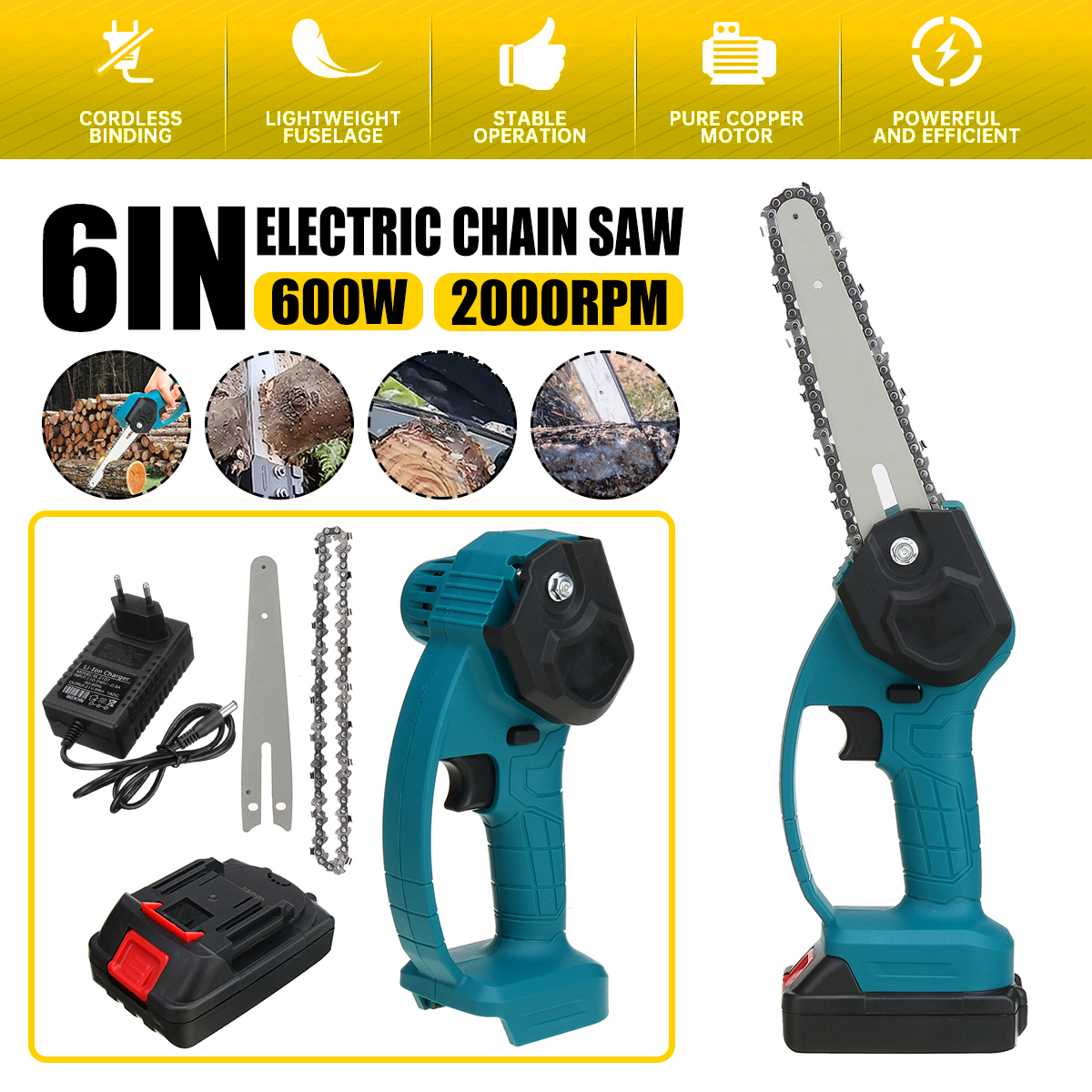 เลื่อยยนต์ 6นิ้ว88V 1200W เลื่อยไฟฟ้า Mini One-โซ่มือช่างไม้สวน Pruning ไร้สาย + 2แบตเตอรี่