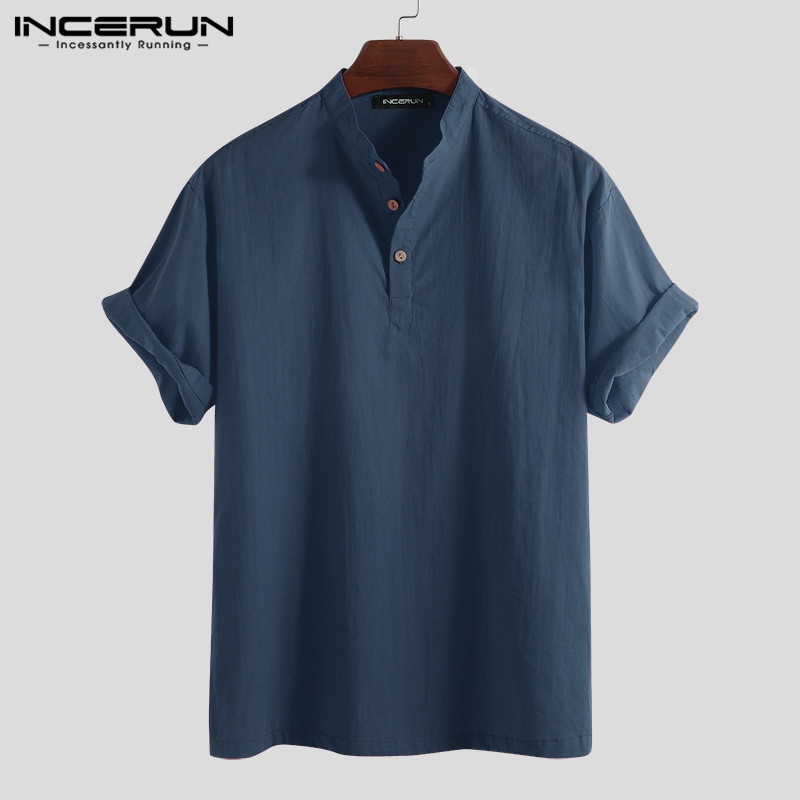 

Men's Loose Shirt Short Sleeve V Neck Vintage Plain Tops Ethnic Style T Shirts