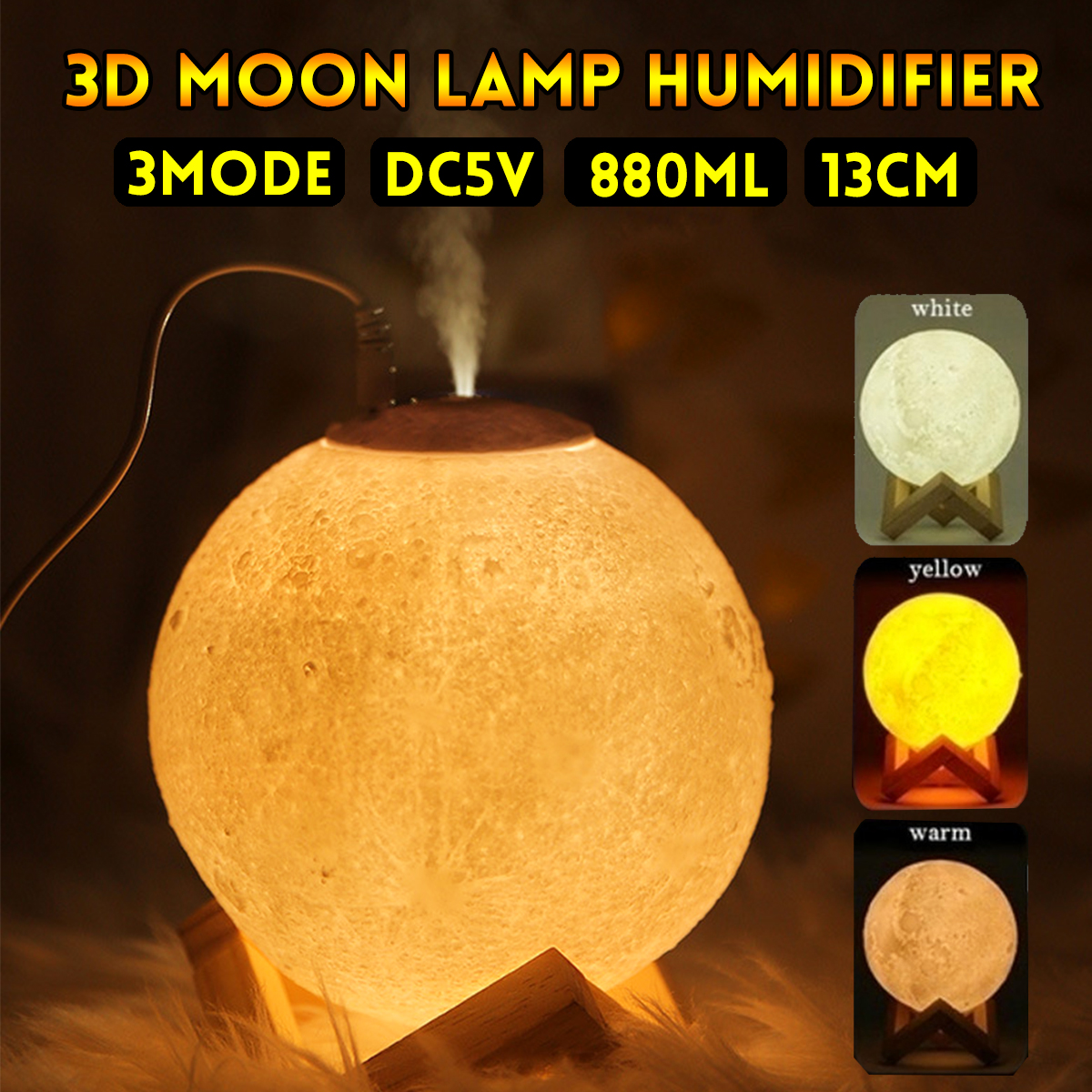 880ML Air Humidifier 3D Moon Lamp light Diffuser Aroma Essential Oil USB 