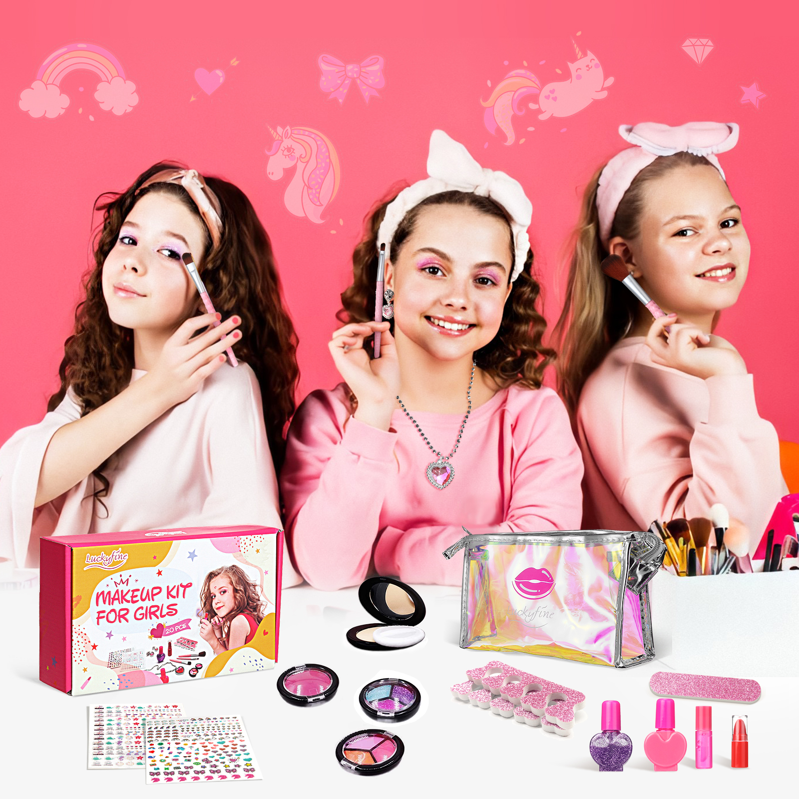 Luckyfine 20PCS Kids Makeup Kit, Washable Makeup Set Toys, Best Gift f