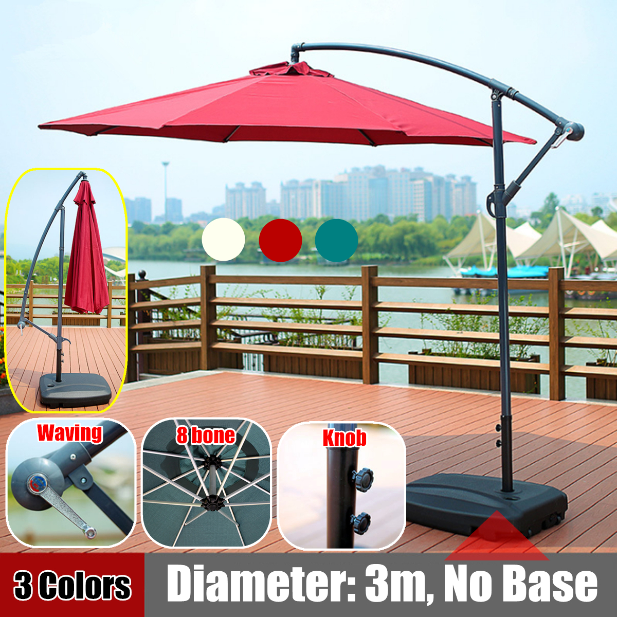 3M Garden Patio Parasol Banana Cantilever Sun Shade Outdoor Waterproof Beach Hanging Umbrella #Red