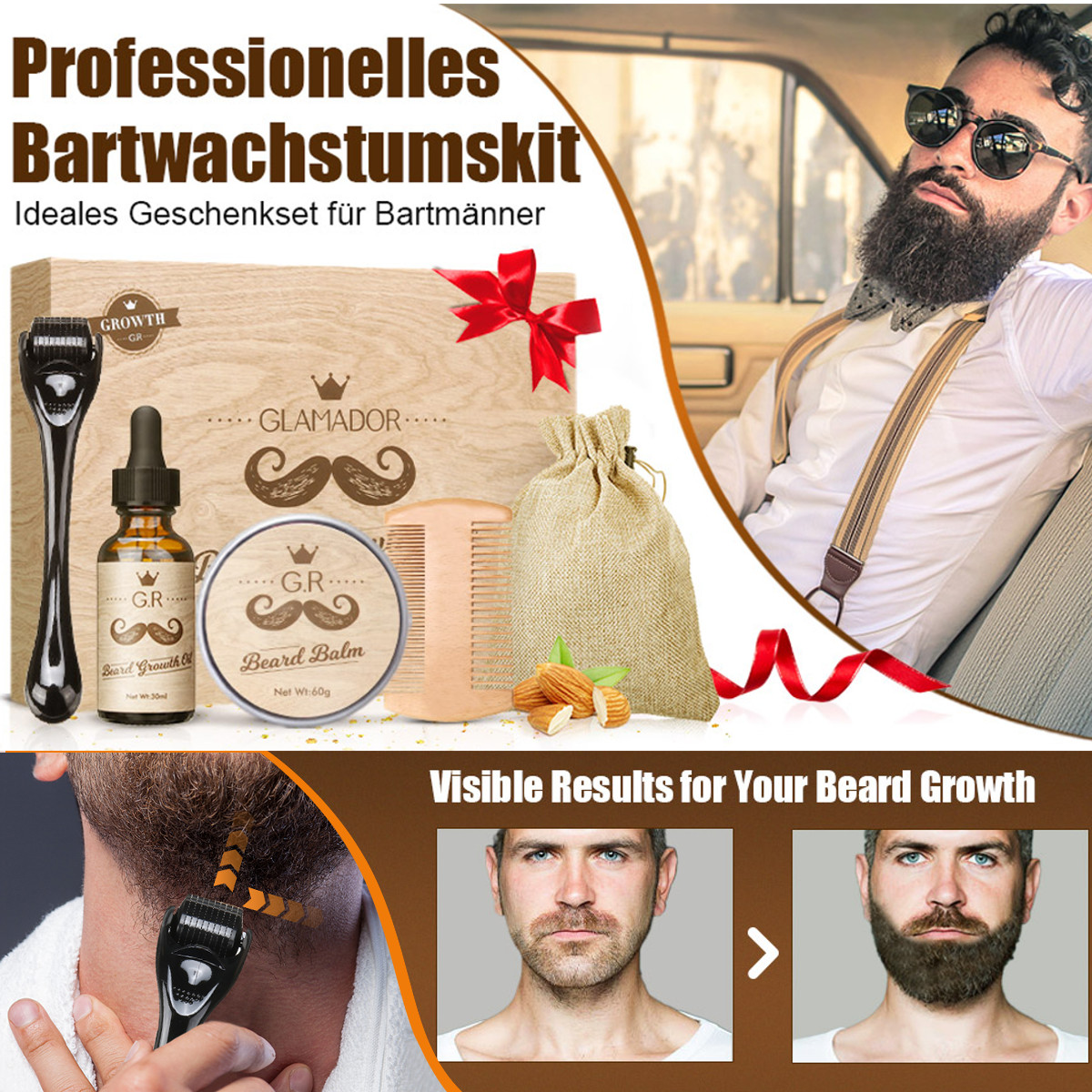 Saldi Kit professionale per la crescita della barba GLAMADOR. Set