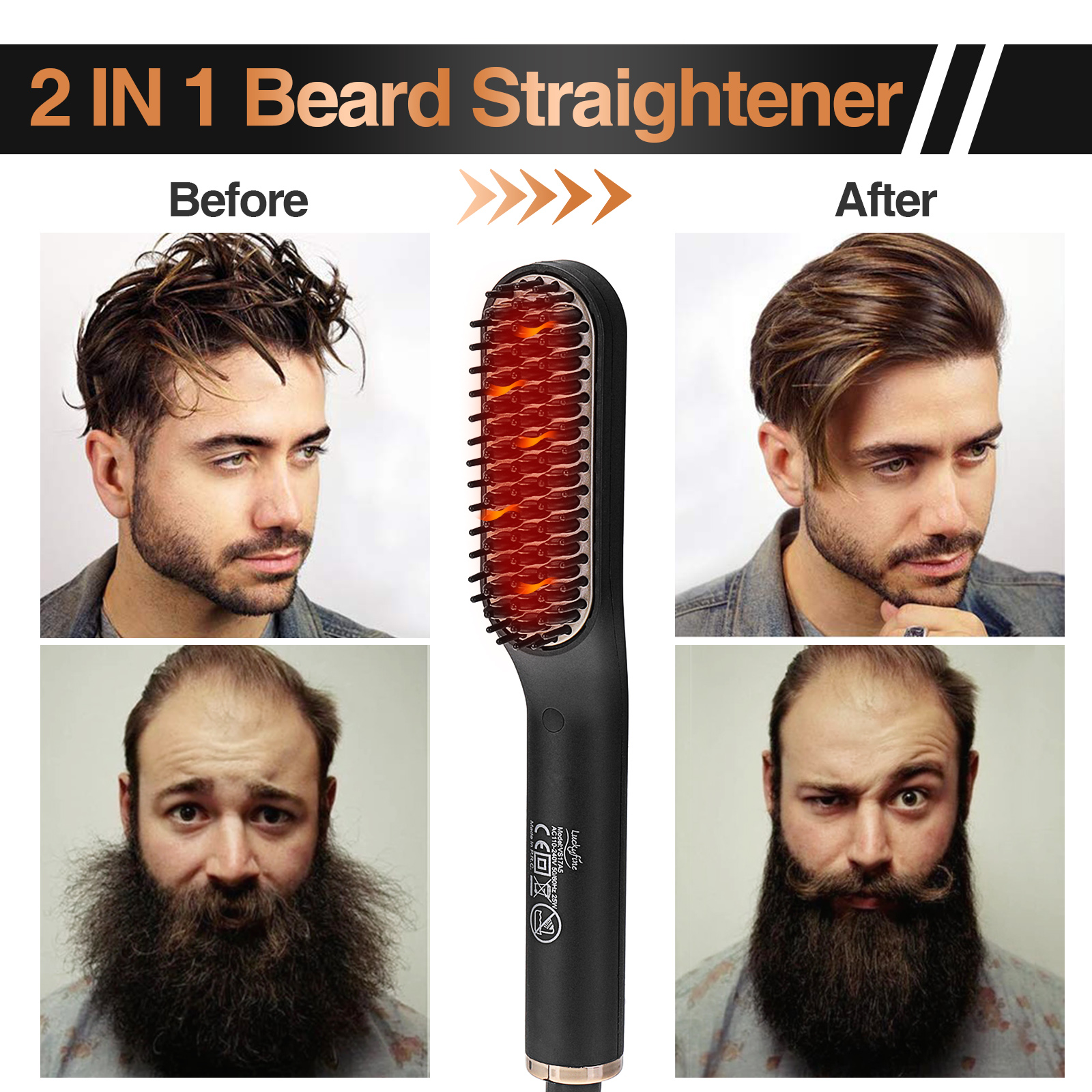 Luckyfine 2 In 1 Portable Hair Straightener Beard Comb for Men Elect