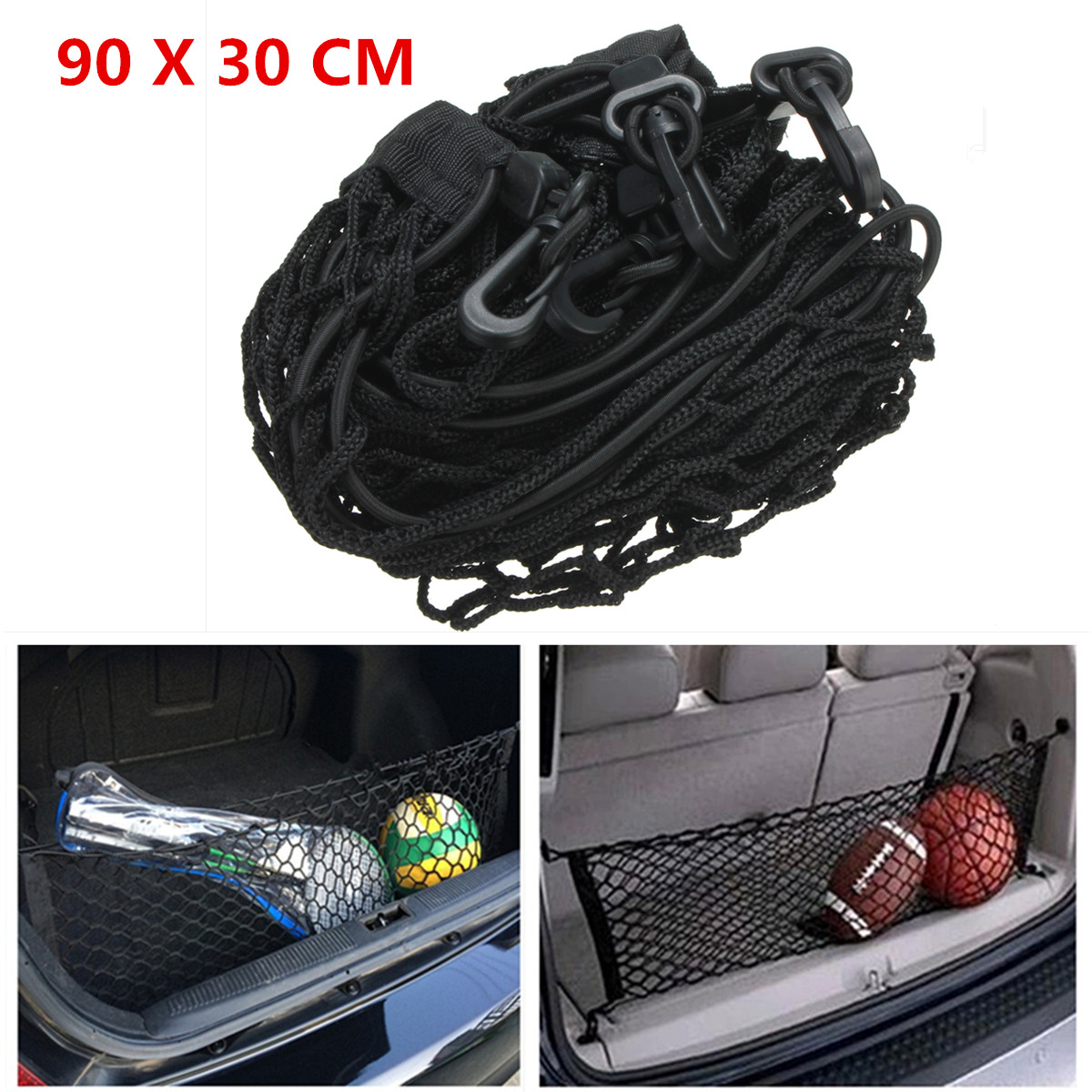 90x30cm Black Nylon Car Trunk Rear Cargo Organizer Storage Elastic Mesh Net