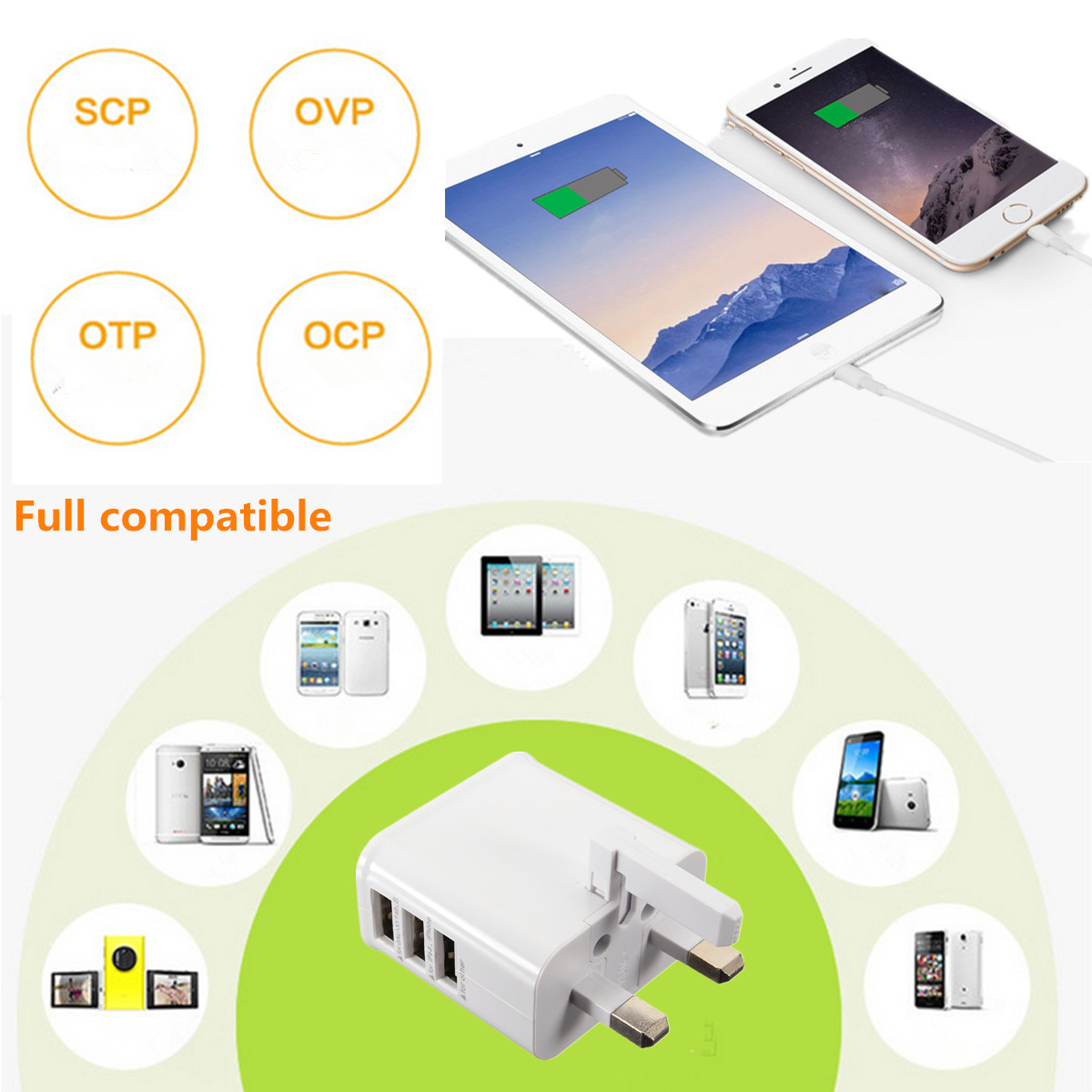 Universal UK Plug 3 USB Port 5V/3A Travel Wall Charger Adapter for Samsung LG iPhone