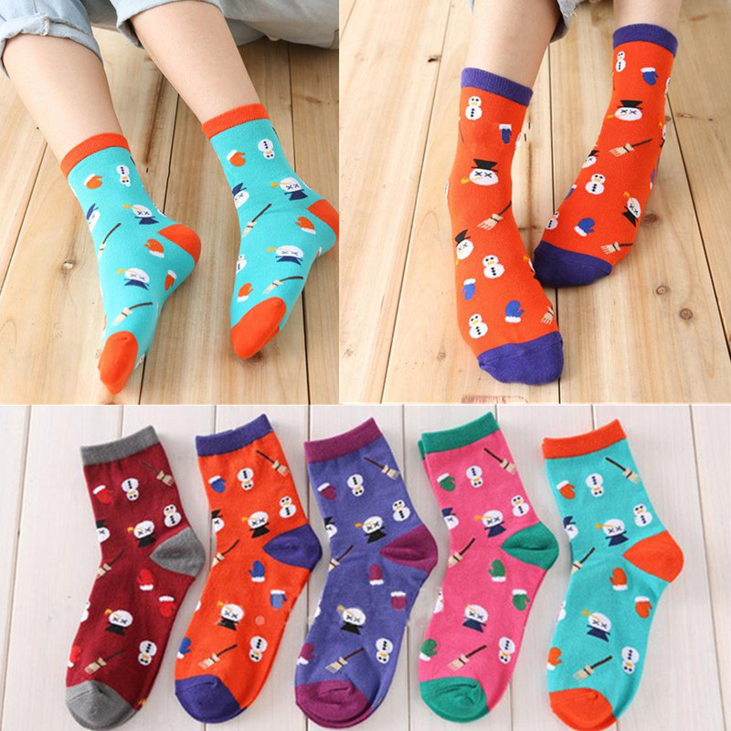 Women Girl Christmas Series Snowman Cotton Cute Casual Soft Socks Hosiery