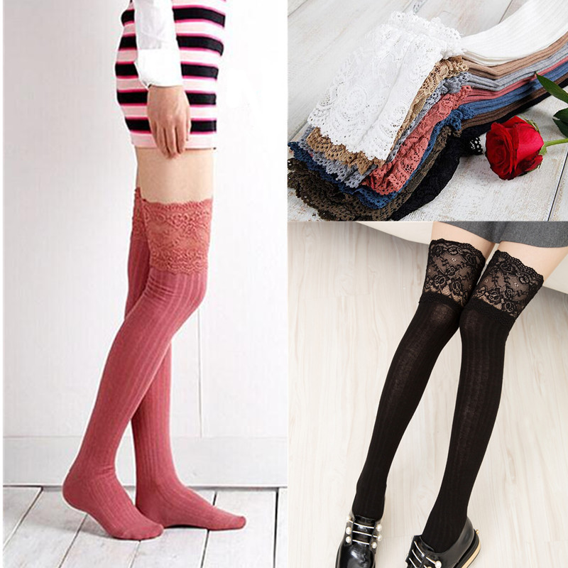 Women Lace Knitting Cotton Over Knee Thigh Stockings High Socks Pantyhose Hosiery