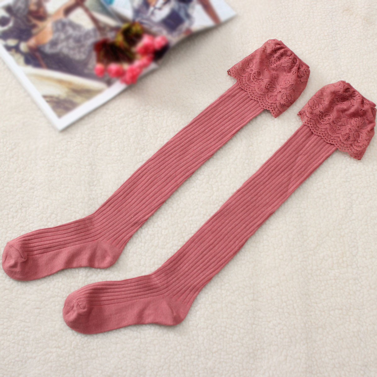 Women Lace Knitting Cotton Over Knee Thigh Stockings High Socks Pantyhose Hosiery