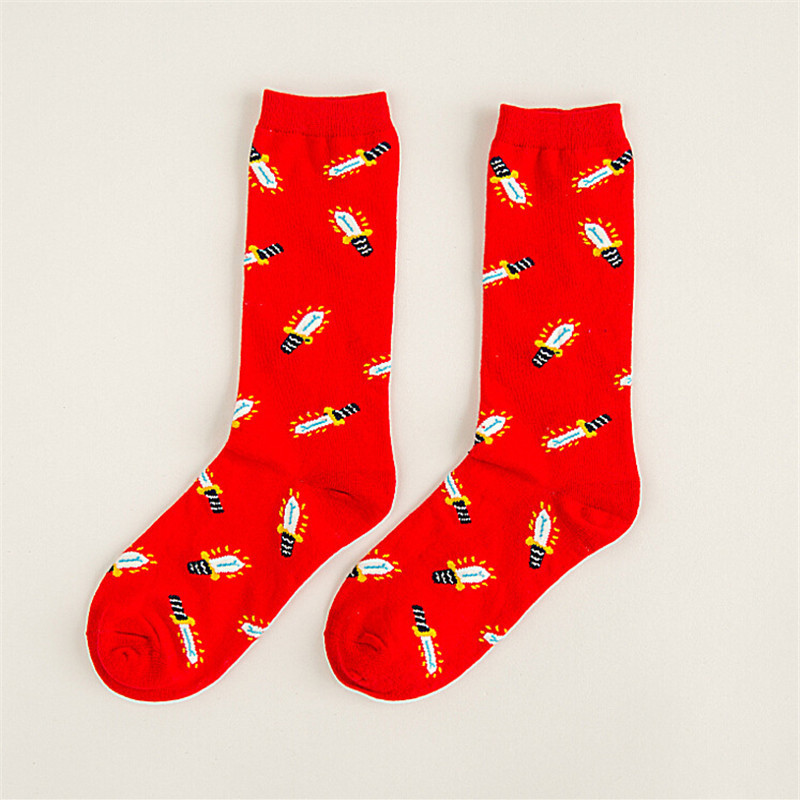 Women Girl Cotton Cute Fox Astronaut Sword Pattern Cartoon High Socks Hosiery Stockings