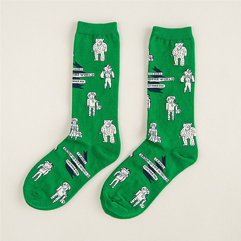 Women Girl Cotton Cute Fox Astronaut Sword Pattern Cartoon High Socks Hosiery Stockings