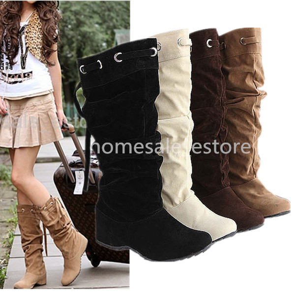 NEW Womens Shoes Knee High Mid Calf Slouch Boots Comfort Round Toe ...