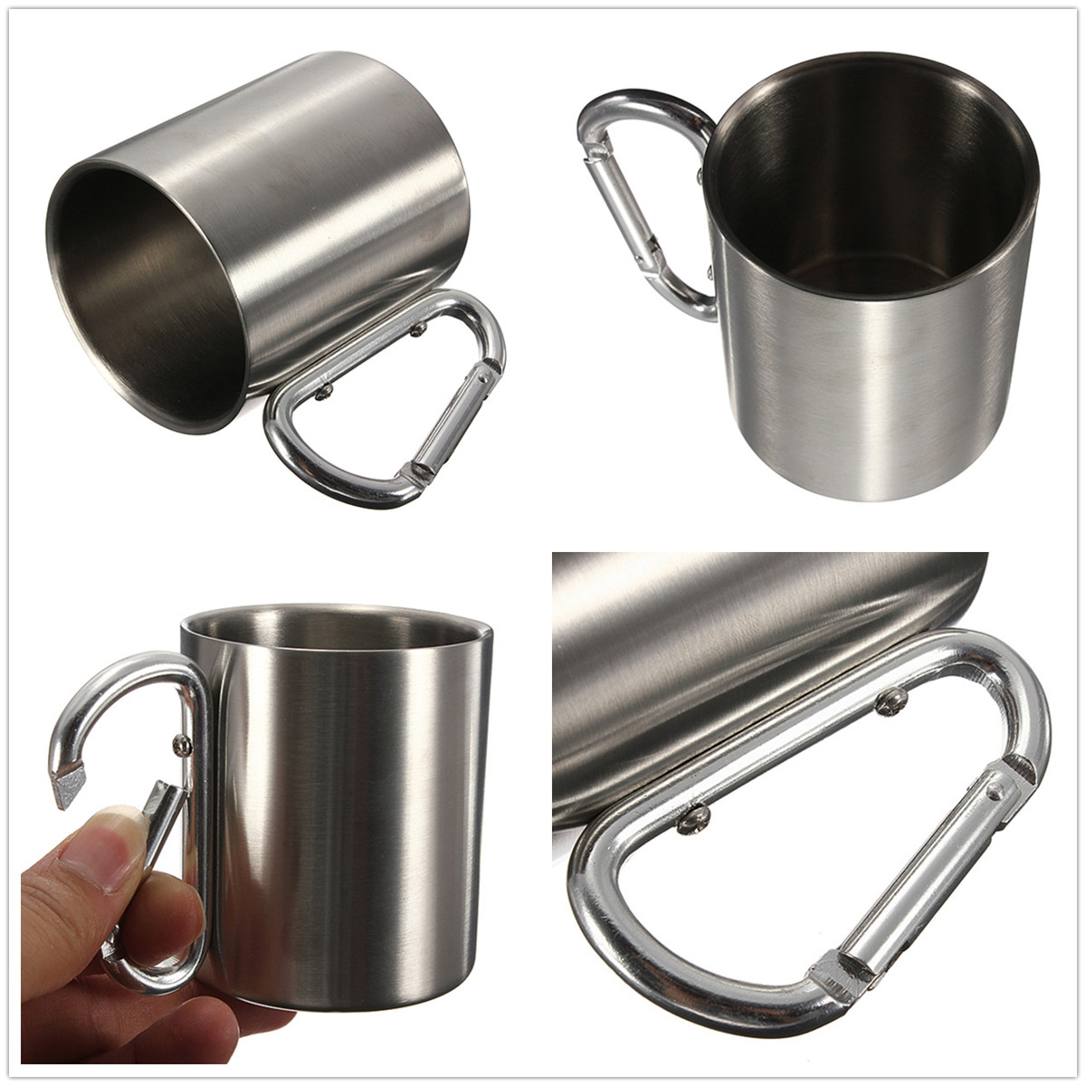 220ml Stainless Steel Coffee Mug Cup Outdoor Camping Cup Carabiner Hook