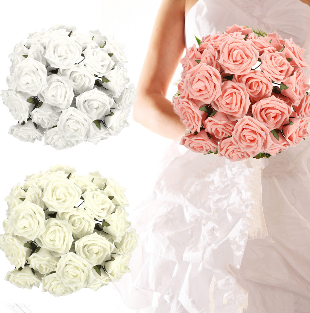 50pcs Bouquet Fleur Rose Artificielle Feuille