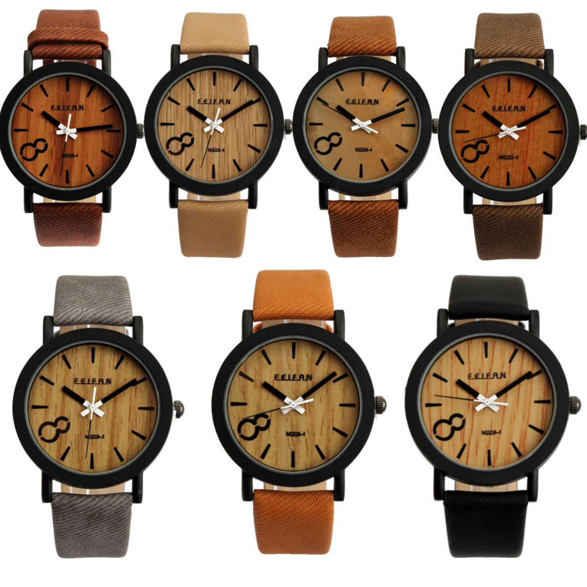 Vintage kuarsa sambungan kayu ancak Hitam jam tangan kulit 