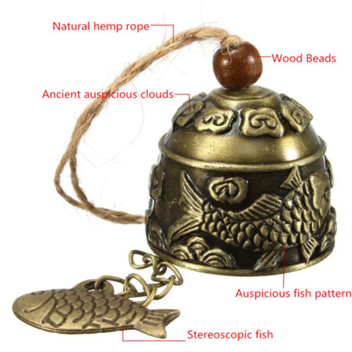 Chinese Fish Feng Shui Bell Blessing Good Luck Fortune Hanging Image