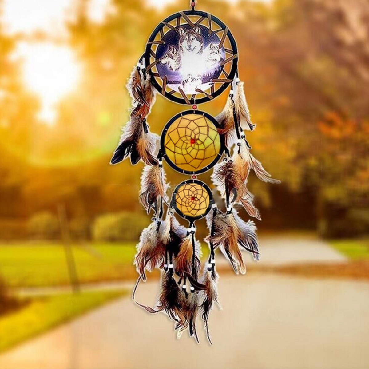 Capteur De Reve Attrape Dream Catcher Loup de Tete Plume Suspendus ...