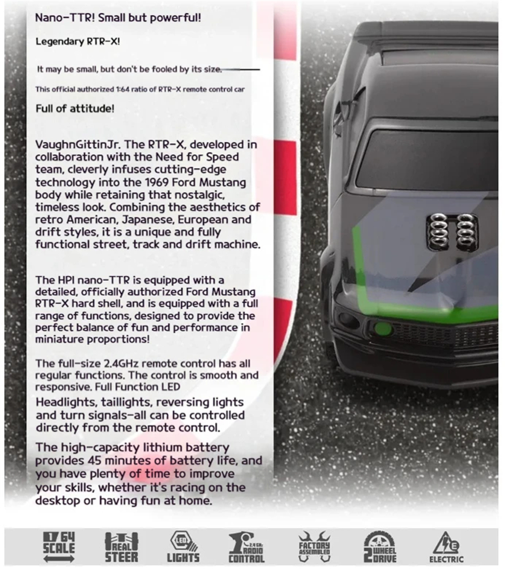 HPI 160980 1/64 2WD 2.4G Drift RC Car Nano TTR Mustang Geunine Authorization Vehicle Models RTR
