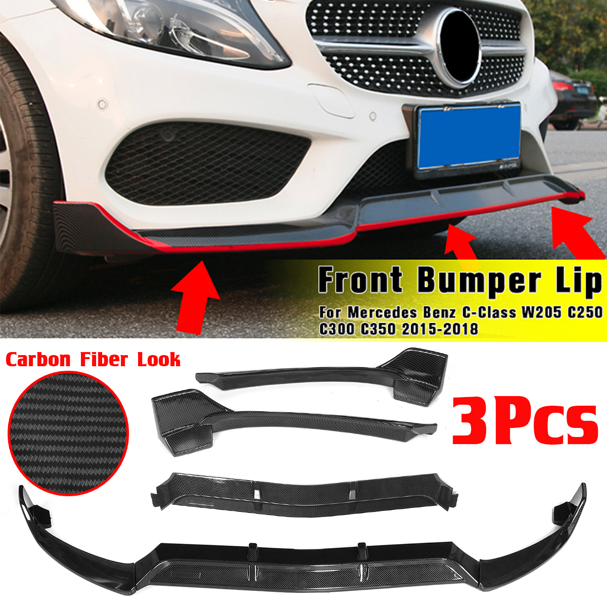 3pcs W205 Car Front Lip Chin Bumper Lip Spoiler Splitters Body Kit For Mercedes For Benz C Class W205 C250 C300 C350 2015 2018 Bumpers Aliexpress