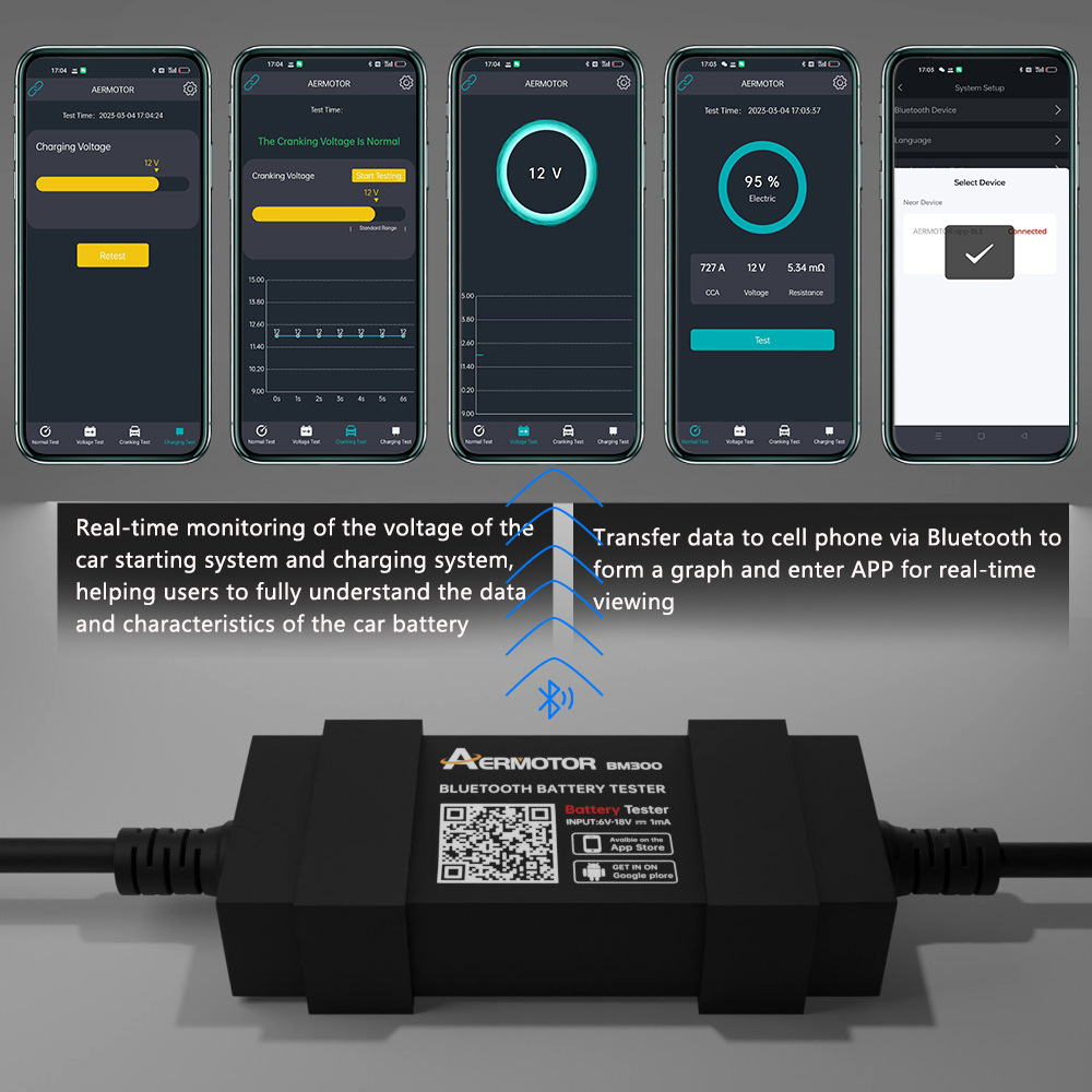 BM300  AERMOTOR 12V Car Battery Tester bluetooth  Android & iOS  Car Battery Detector Monitor The Car