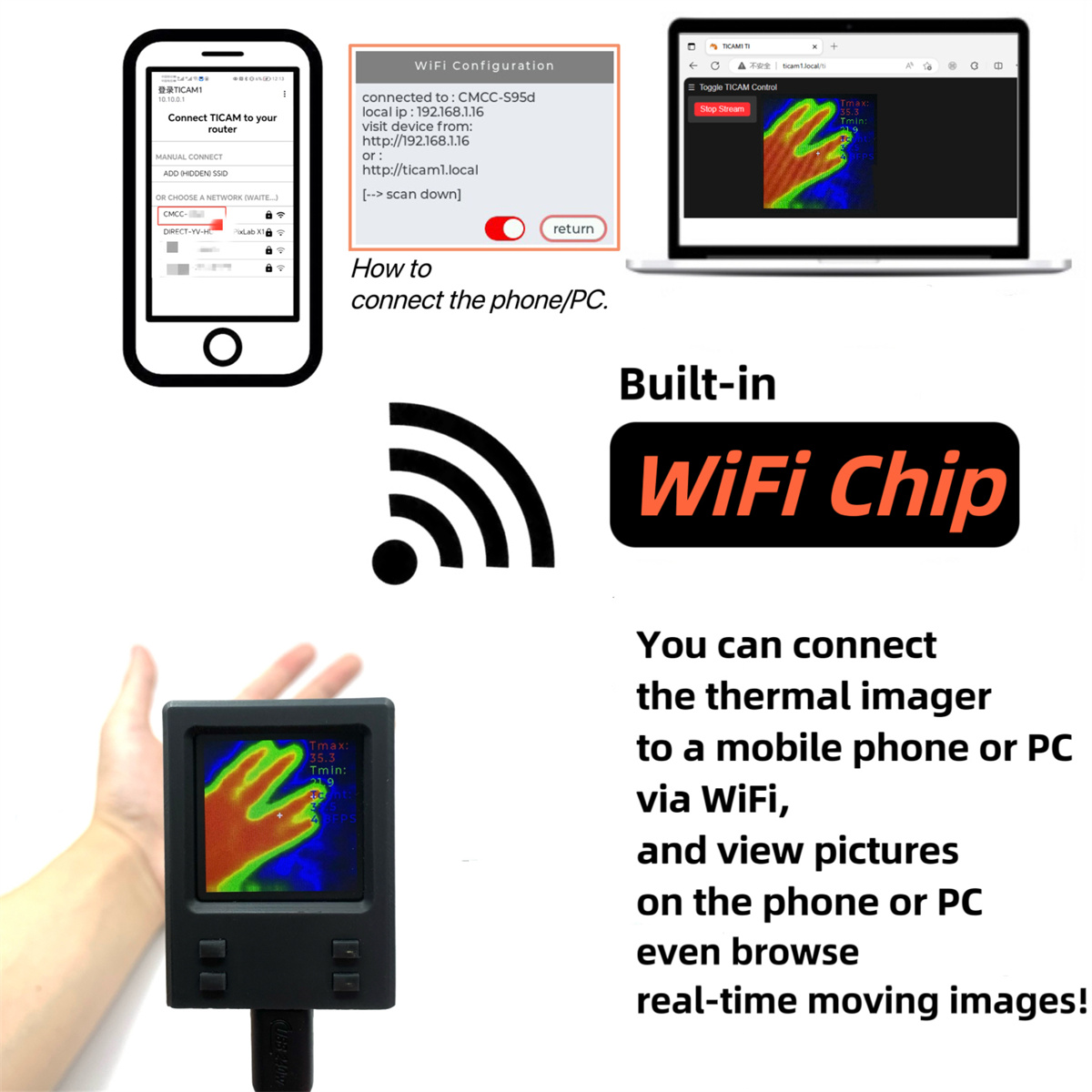 5 in 1 HeatTech TIP Portable Thermal Imager 32x32 Resolution Adjustable Emissivity WiFi Connectivity Accurate Temperature Measurement and Visualization Compact and Lightweight Enhance Your Thermal Imaging Capabilities