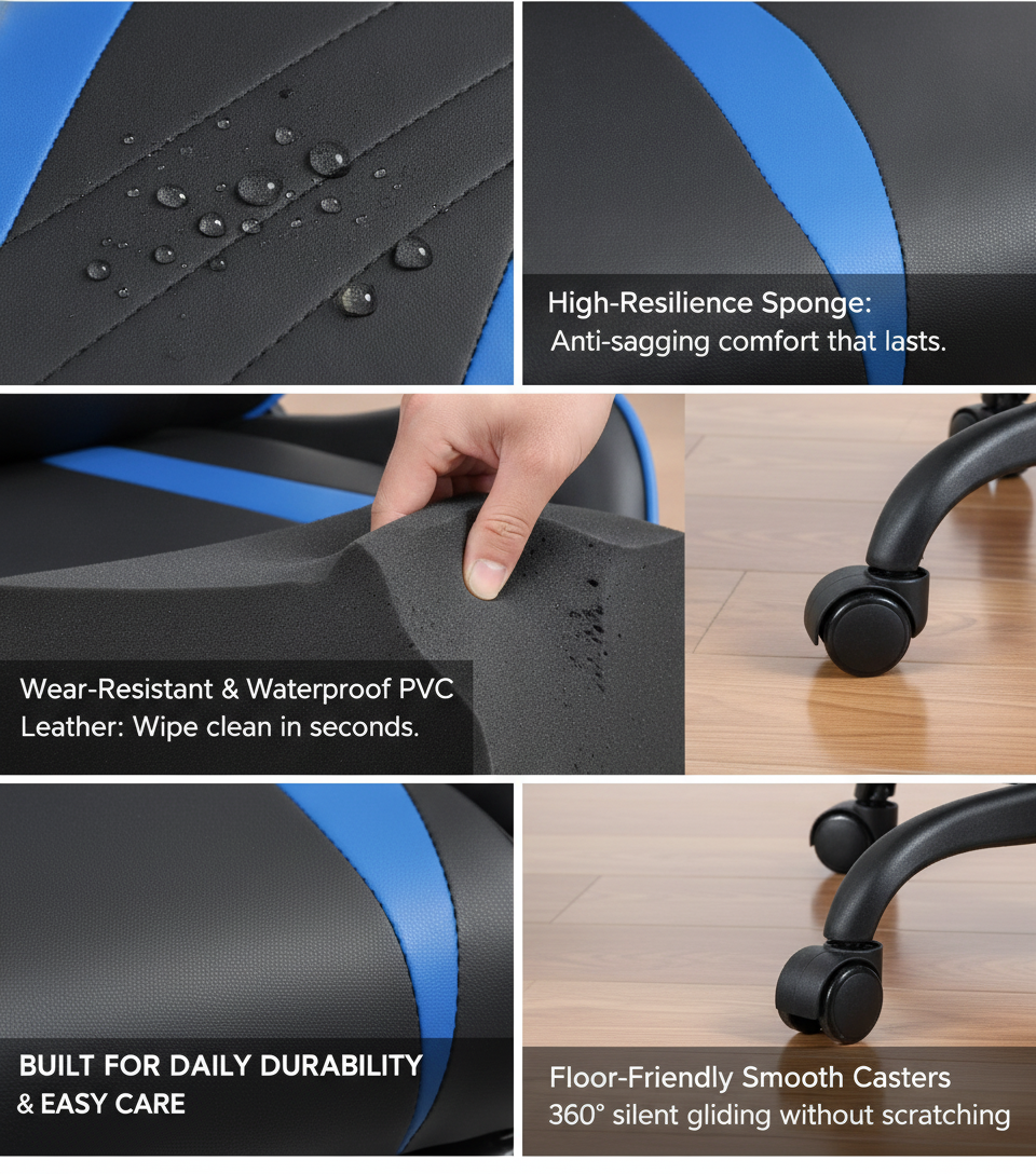 Cadeira de jogos ergonômica, cadeira de escritório giratória com descanso para os pés, suporte lombar, encosto alto, ajustável, couro PU, para PC, adolescentes e adultos, Hoffree