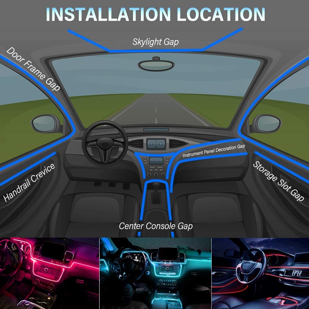 5IN1 6M RGB LED Atmosphere Car Interior Ambient Light Fiber Optic Strips Light by App Control Neon LED Auto Decorative Lamp