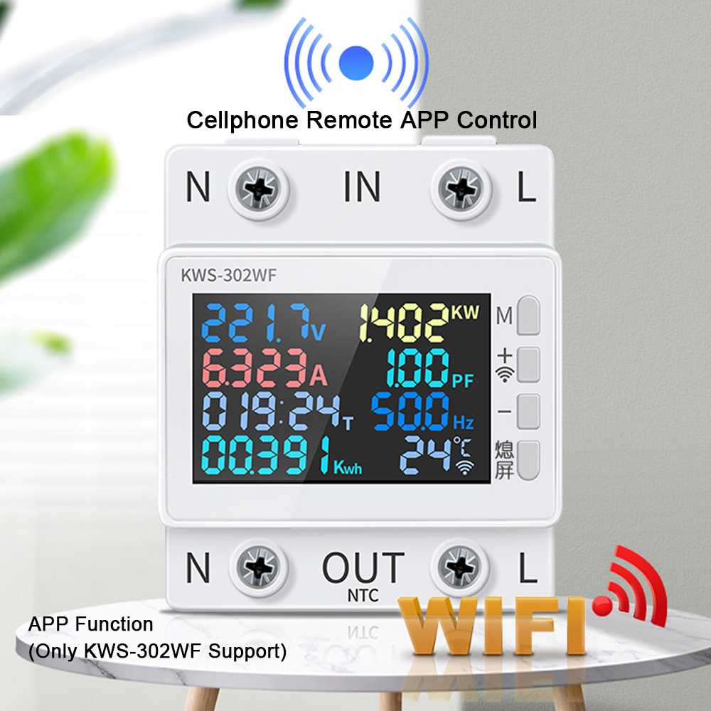 8in1 Power Meter Color Screen 2P Multi-function AC Energy Meter 170-270V/63A Voltage and Current Meter Standard Rail Mounting