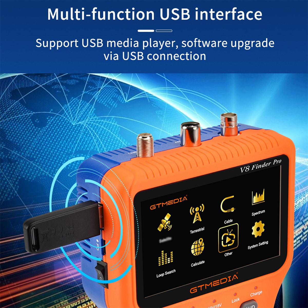 GTMEDIA V8 Finder Pro TV Signal Finder Meter DVB-S/S2/S2X/T/T2/C Signal Receiver 4.3-inch LCD Dispaly H.265 Auto Calculate Angle 4000mAh Battery