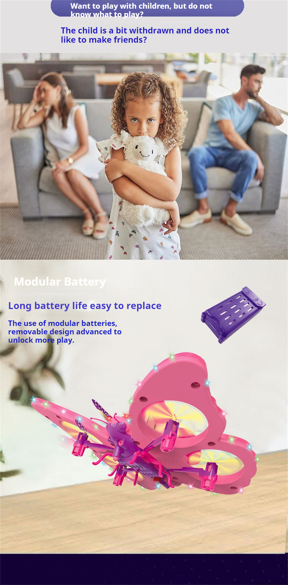 E0-25 Flying Glitter Butterflying Intelligent Gravity Sensor Obstacle Altitude Hold Mode 360° Filp Colorful LED Lighting 2.4G 4CH RC Toys Kids Gift Drone Quadcopter RTF