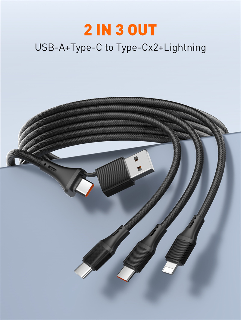 LDNIO LC97uc 100W USB-A/Type-C to Type-Cx2/iP Cable PD QC3.0 Fast Charging Data Transmission Copper Core Line 1.2M Long for iPhone 16 15 14 Pro Max for Huawei Mate XT for Samsung Galaxy Z Flip6