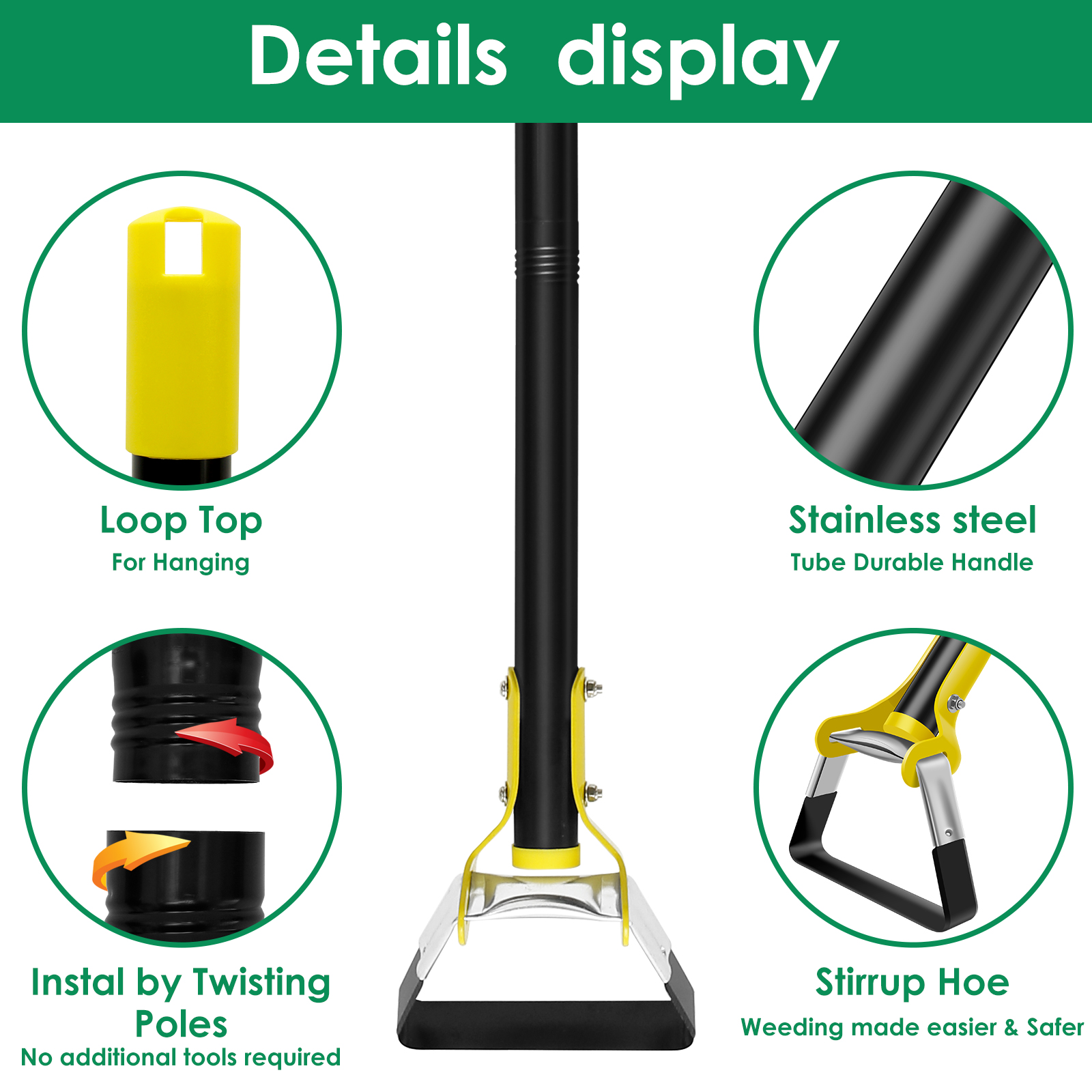 Garden Hoe Tool 1.2/1.6M Stainless Steel Sharp Stirrup Loop Hoe with Triangle Head and Long Handle Ergonomic Weeding Tool