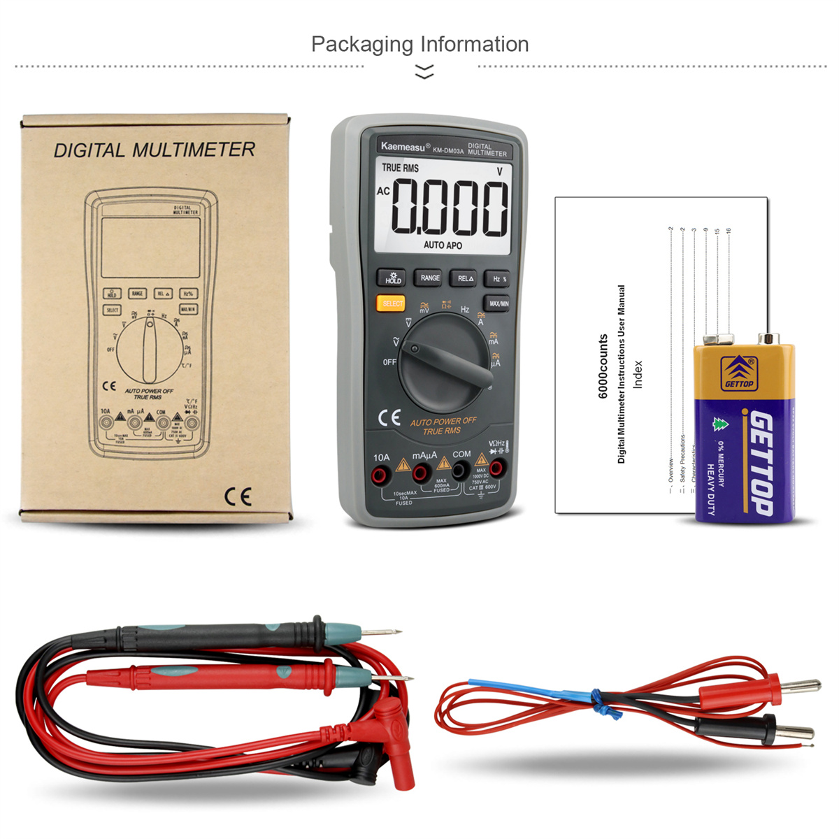 Kaemeasu KM-DM03A Professional High Precision Digital Multimeter DC & AC Voltage Current Measurement Resistance Capacitance Frequency Temperature Duty Cycle Ideal for Electrical Maintenance and Auto Repair