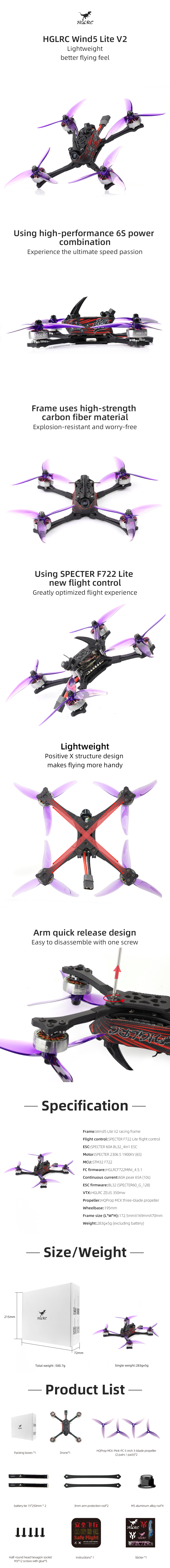 HGLRC Wind5 Lite V2 195mm 6S 5 Inch RC FPV Racing Drone BNF with SPECTER 2306.5 1900KV Motor