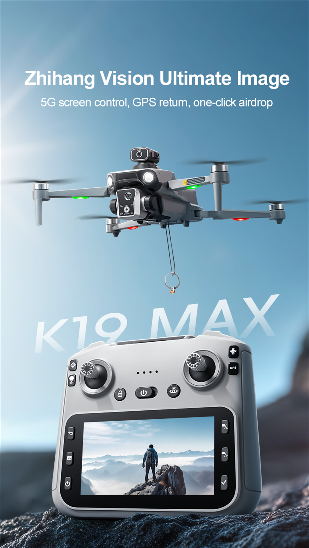 XKJ K19 MAX GPS 5G WiFi FPV with 5.9inch LCD Screen Controller HD Dual Camera Servo Gimbal 360° Obstacle Avoidance One-Key Airdrop Brushless Foldable RC Drone Quadcopter RTF