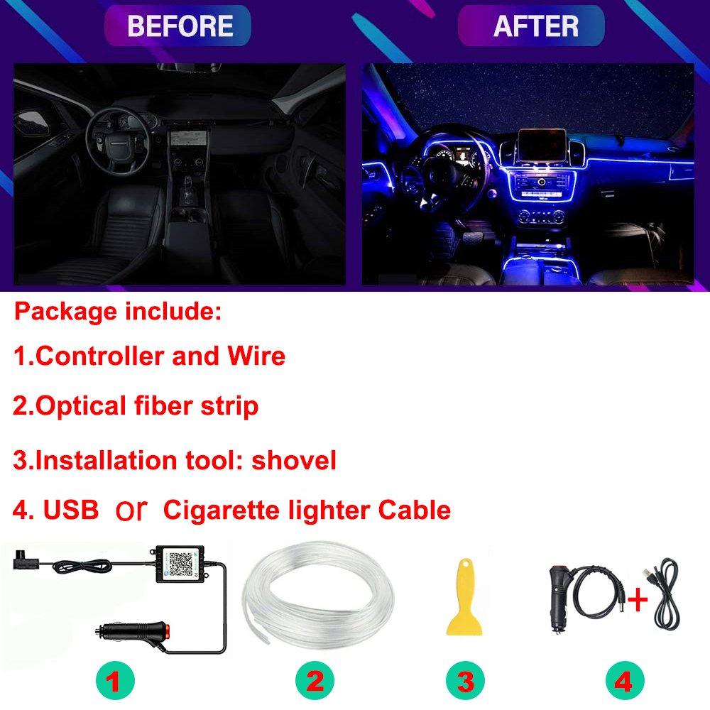 1IN1 2M RGB LED Atmosphere Car Interior Ambient Light Strips Light by App Control Neon LED Dash Board Decorative Lamp