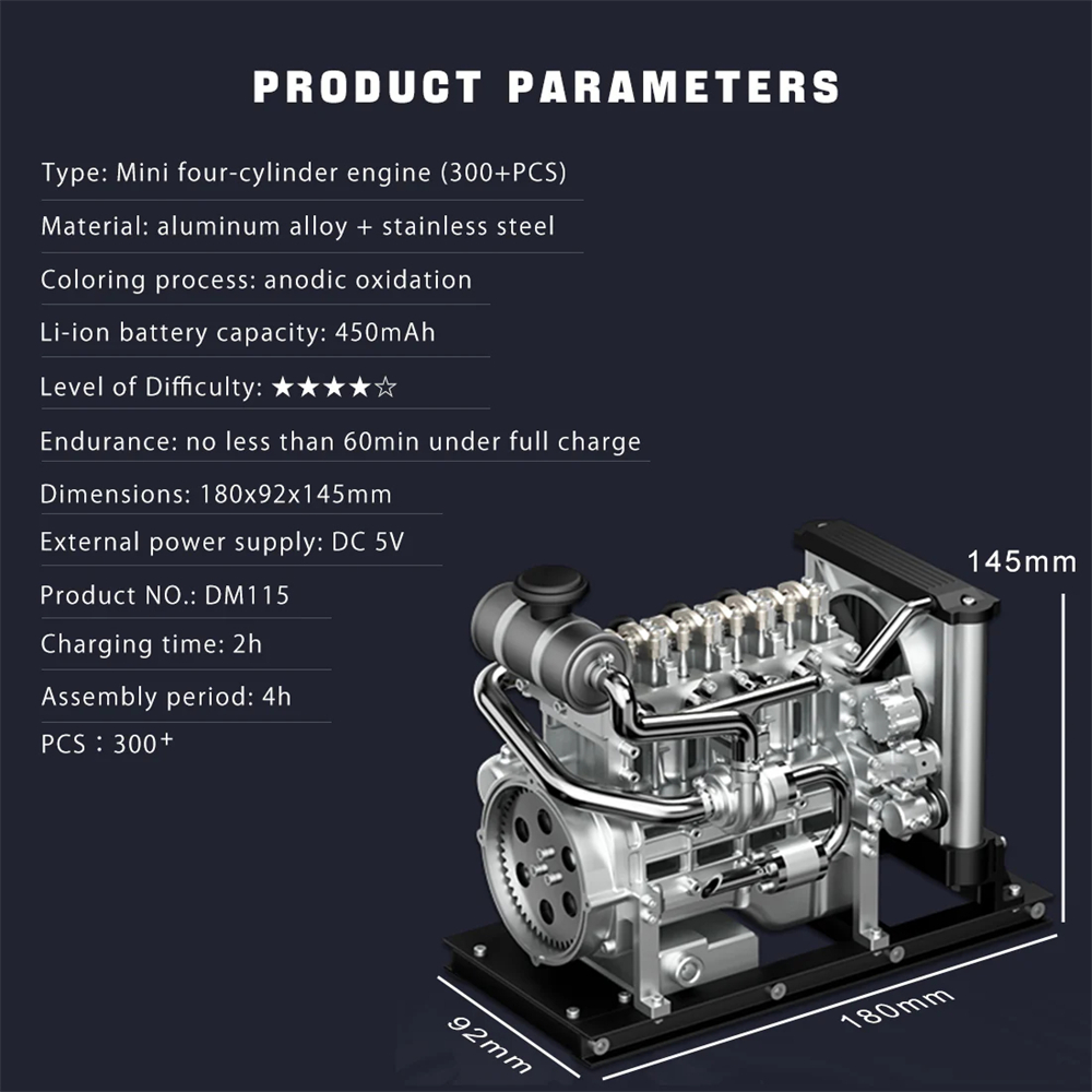 Kit de moteur à combustion interne, 1/10 DIY Mini métal OHV, rangées, moteur diesel 4 cylindres, modèle avec système de refroidissement, jouet