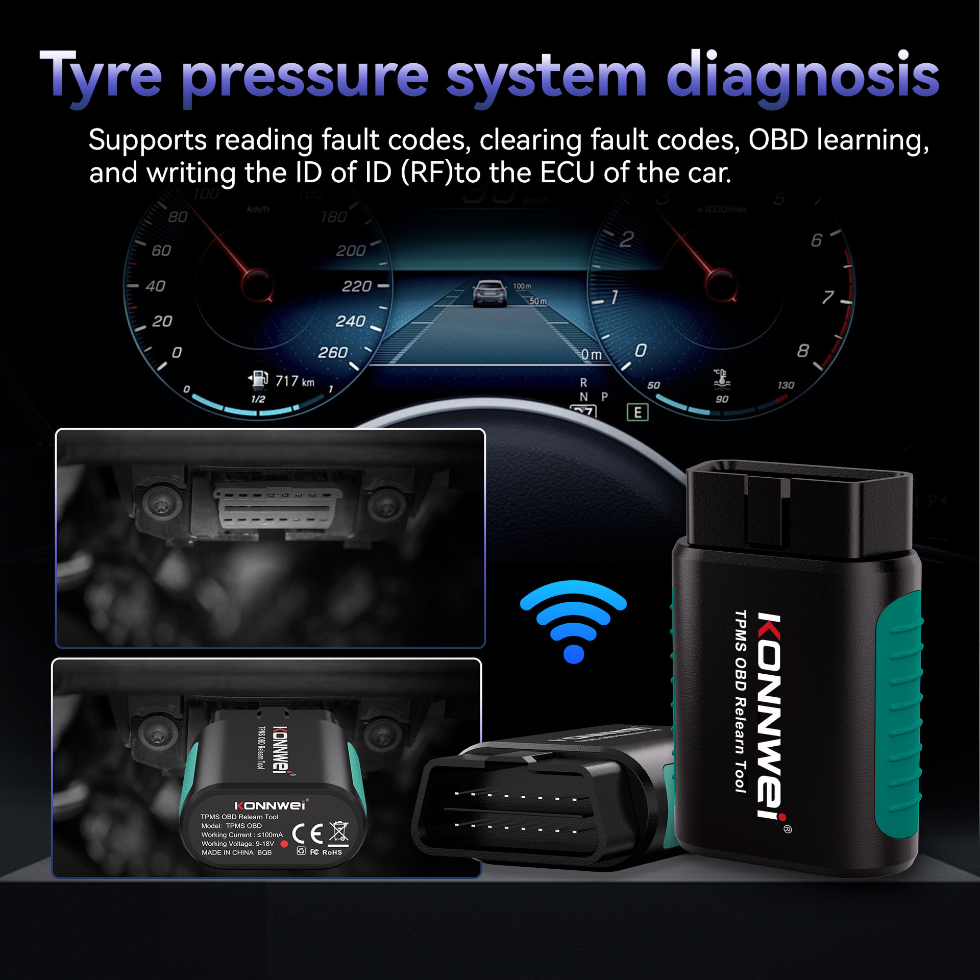 Tpms Sensor Code Reader KONNWEI TK100 TPMS OBD Relearn Tool Wireless Bluetooth Tire Pressure ...