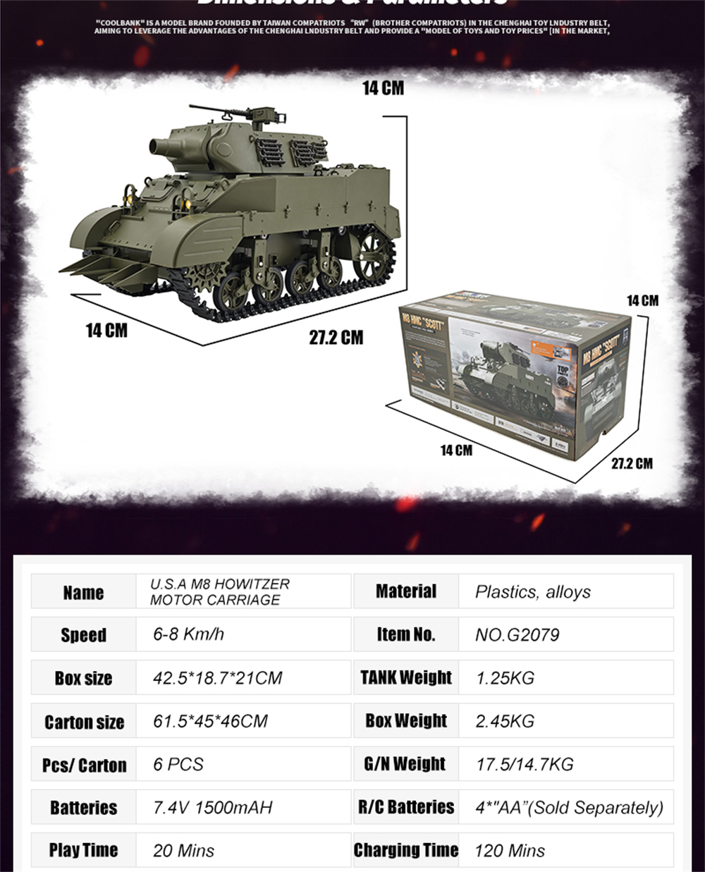 Coolbank M8 G2079 1/16 2.4G RC Tank Simulated Sound Light Smoke Two Speed Vehicle Models RTR