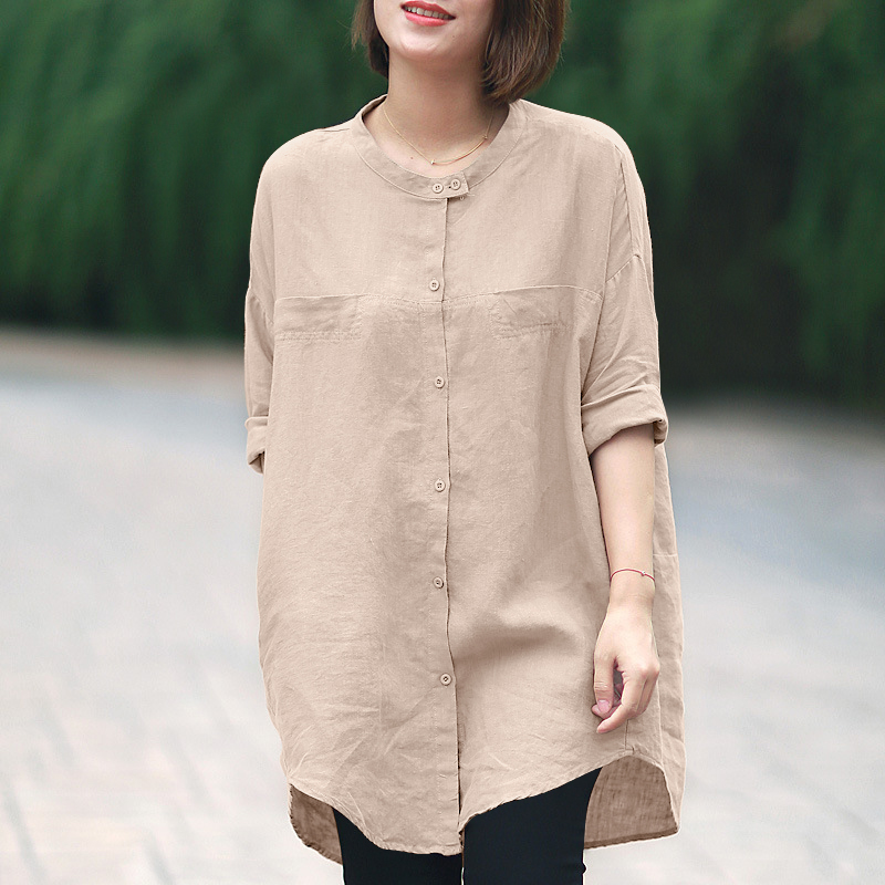 Linen Shirts for Women, Oversized Crew Neck 3/4 Sleeve Shirts for